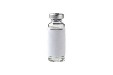 A small transparent glass vial with a blank white label and sealed silver cap. Its sterile appearance suggests medical, pharmaceutical, or scientific use, isolated on a transparent background