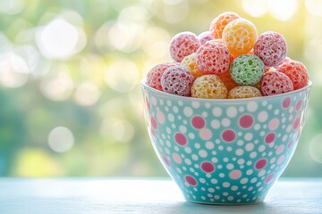 Colorful Candy Balls in a Vibrant Bowl on a Bright Background