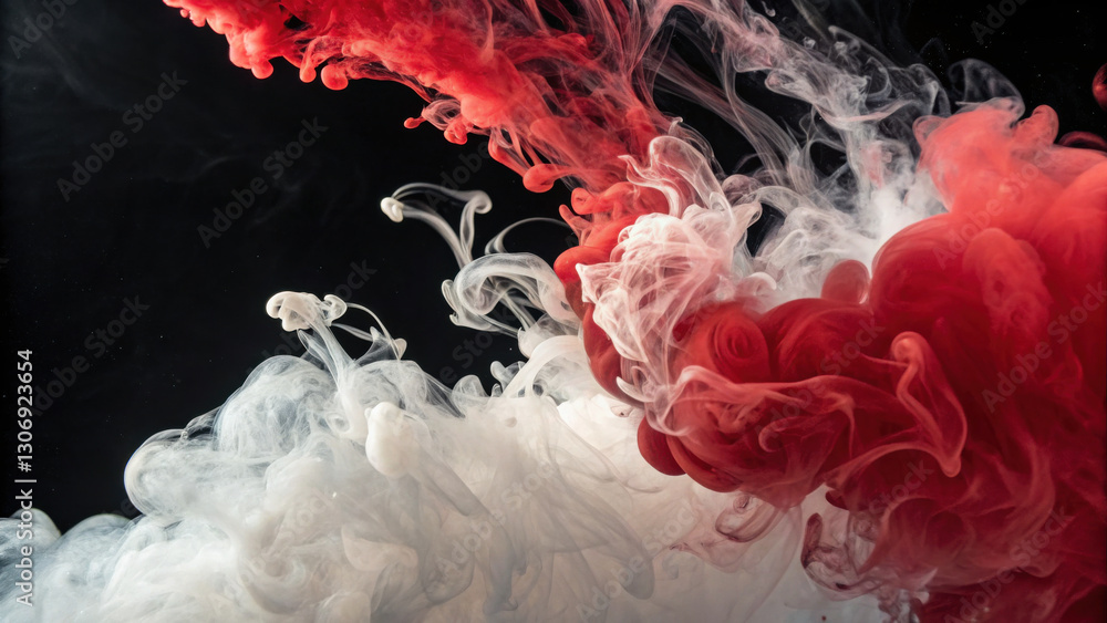 Poster dynamic abstract composition featuring swirling red and white smoke, creating captivating visual eff