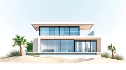 Modern desert two-story house with large glass windows, sandy landscape, and clear copy space.