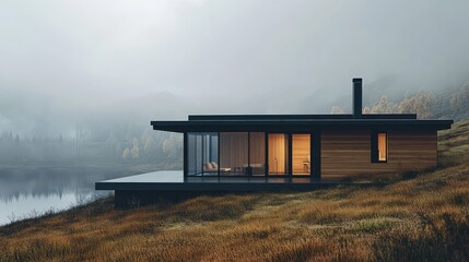 Minimalist Scandinavian house with a sleek wooden exterior, panoramic windows, and a lake view. Copy space in the sky.