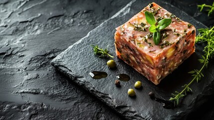 Delicate layers of aspic and pâté rest on the dark slate, their textures enhanced by decorative herbs, leaving room for text or branding.