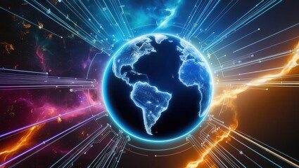 Obraz premium Dynamic cosmic energy burst surrounding earth futuristic space concept digital artwork