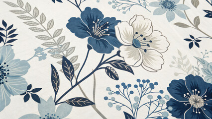 Floral pattern featuring blue and white flowers with green leaves, creating serene and elegant design. Perfect for textiles or home decor