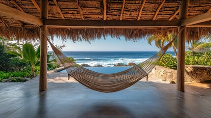 A cozy hammock sways gently beneath a rustic thatched pavilion, offering a serene ocean view framed by swaying palm trees.

