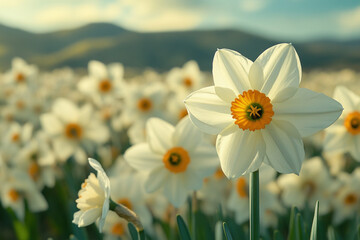 A field of blooming daffodils in spring, vibrant and picturesque, natural setting