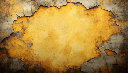 Aged Yellow Grunge Texture Background With Gray Crumbling Edges