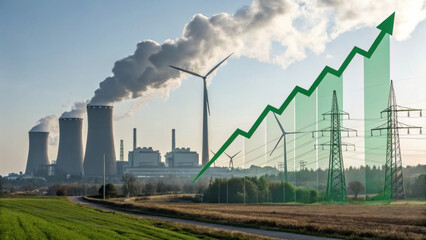 image depicts landscape with power plants emitting smoke, wind turbines, and rising graph symbolizing energy trends. This visual representation highlights contrast between traditional and