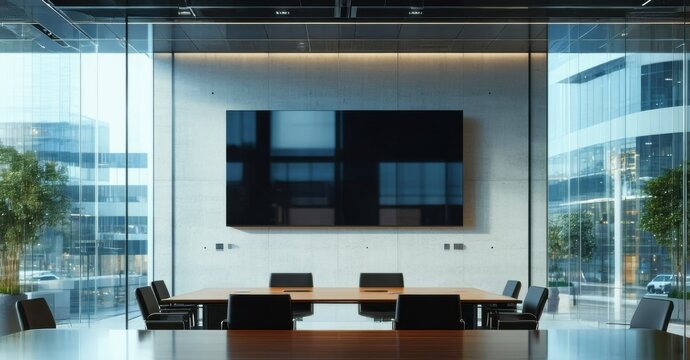 Ultra modern corporate office sleek wall mounted digital screen powered set backdrop of floor ceiling glass windows