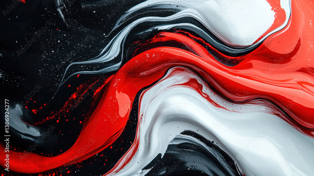 Poster dynamic abstract composition featuring swirling patterns in red, black, and white. vibrant colors cr