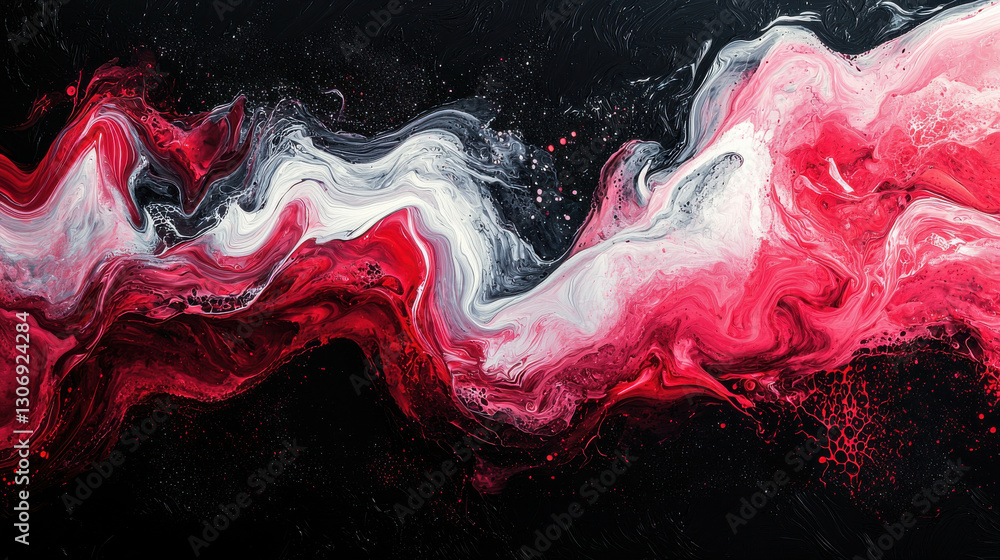 Poster dynamic abstract composition featuring swirling patterns in red, white, and black, creating vibrant 