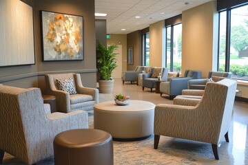 Fototapeta premium Inviting Waiting Area Featuring Plush Seating, Calming Decor, and a Serene Atmosphere for Relaxation and Comfort During Visits