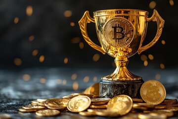 golden trophy with Bitcoin symbol, surrounded by coins, symbolizes success in cryptocurrency. shiny surface reflects light, creating celebratory atmosphere