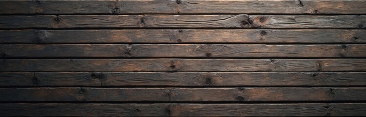 Obraz premium Grunge dark wooden planks texture. Vintage style hardwood background. Rustic surface with empty space. Old aged natural wood grain, rough timber material for backdrop, desktop, banners.