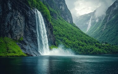 Fototapeta premium Majestic Waterfall Cascading Into A Norwegian Fjord