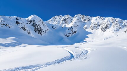 Naklejka premium Snowy mountain ridge with dramatic cliffs, deep ski tracks curving through fresh powder. Bright blue sky for contrast. Open copy space.