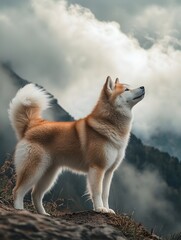 Obraz premium an Akita Inu standing on a mountain trail, gazing into the distance with its thick fur blowing in the wind