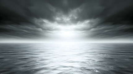 Calm ocean sunset under dramatic stormy sky;  serene waters reflecting light; atmospheric backdrop for design