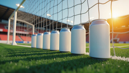 Fototapeta premium Lined-up metal beverage containers on a sports field, advertising concept