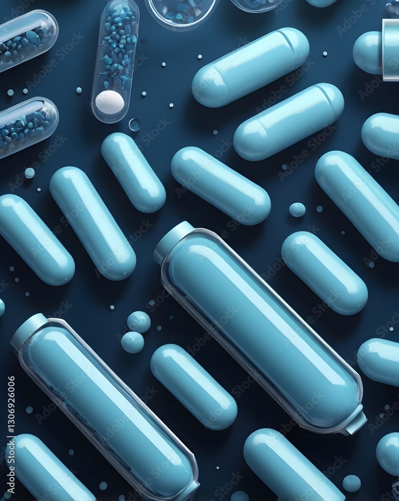 Poster a collection of blue capsules scattered randomly, with some in clear transparent shells