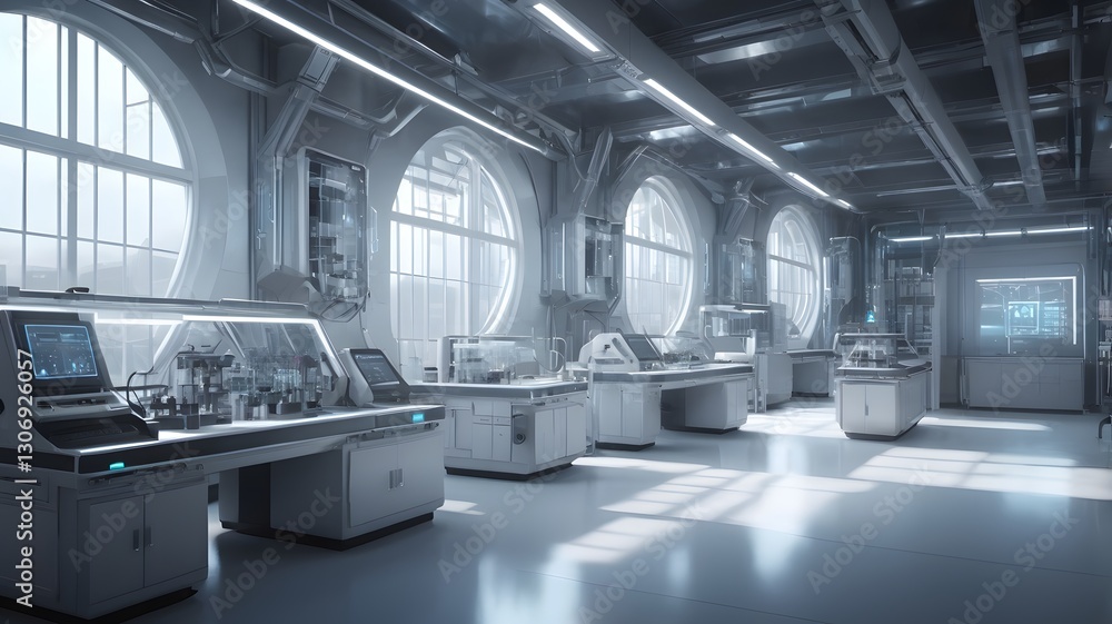 Poster an expansive and modern laboratory interior, well-equipped with cutting-edge technology and instrume