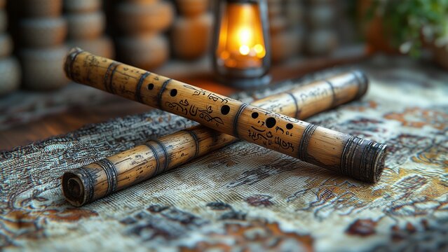 adorned with delicate calligraphic inscriptions and hand-carved embellishments near its six finger holes, showcasing masterful artistry. a close-up perspective highlights the natural texture of the ma