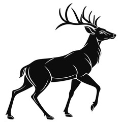 A high-contrast black silhouette of a deer against a white BACKGROUND VECTOR