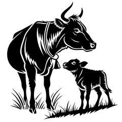 Obraz premium A high-contrast black silhouette of a cow and calf against a white BACKGROUND VECTOR