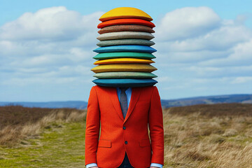 A humorous scene of someone wearing too many hats, playful and exaggerated