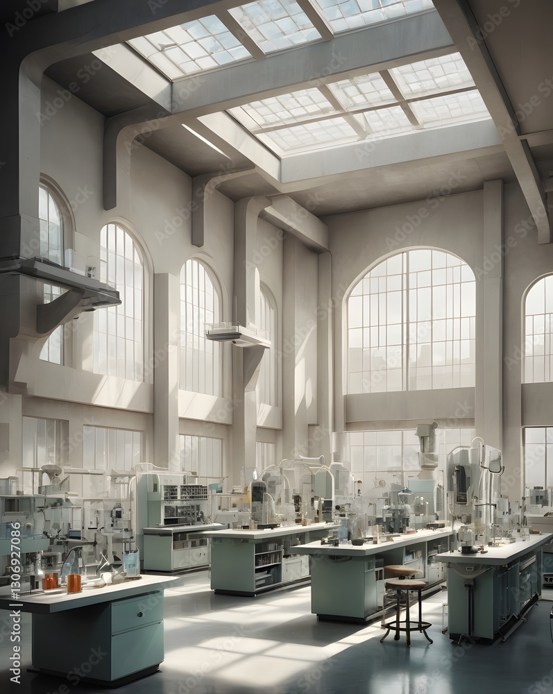 Poster a spacious, well-lit laboratory with high ceilings and equipment. Tables with lab apparatus are set up throughout, natural light coming through the skylights