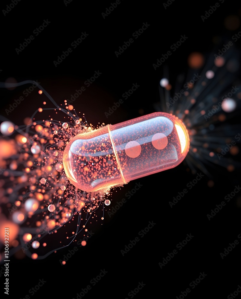 Poster a vibrant illustration of a translucent capsule with small particles, floating on a dark background