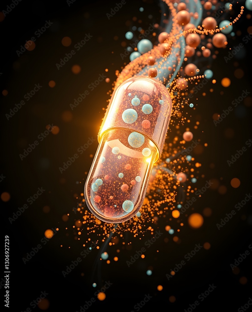 Aufkleber an abstract macro shot of a transparent pill filled with colorful granules, hinting at medicine or s
