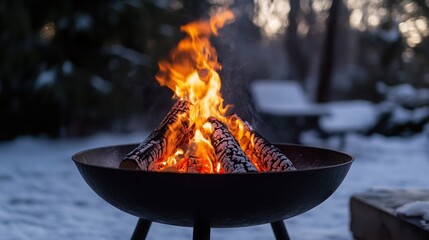 A cozy outdoor fire pit crackles with warm, golden flames, creating a perfect winter retreat against the chilly backdrop.