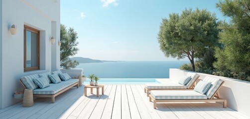 Obraz premium White modern terrace overlooking ocean features lounge sofa, beach loungers, swimming pool. Resort vacation, chill at villa. Blue sky, azure water view, green plants complete luxurious tropical scene.