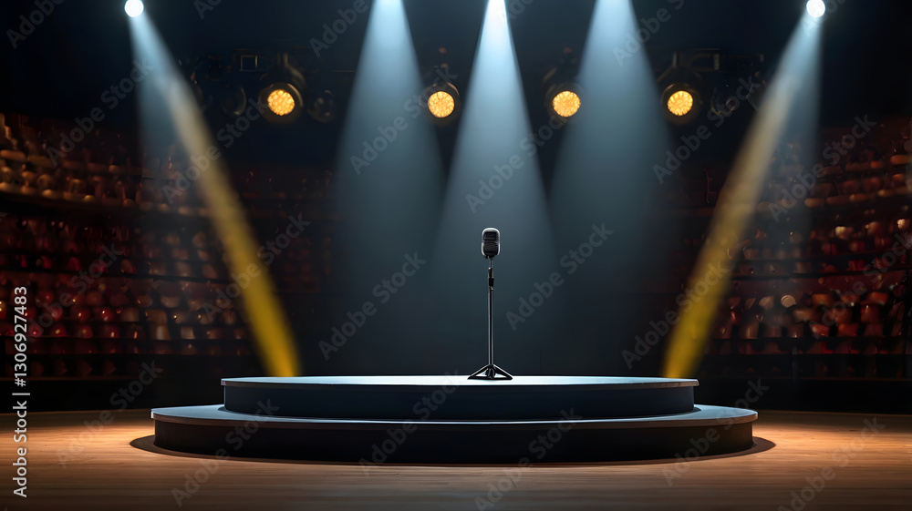 Aufkleber an empty stage with a microphone, illuminated by spotlights, in an auditorium