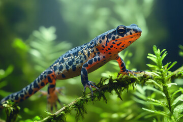Obraz premium A marbled newt (Triturus marmoratus) in a pond, detailed and natural, aquatic setting.