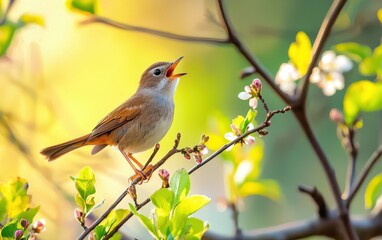Fototapeta premium Singing Nightingale On A Branch With Spring Buds