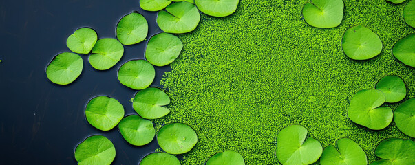 vibrant green algae bloom surrounded by lily pads creates serene aquatic scene. contrast of dark water enhances lush greenery, evoking sense of tranquility and natural beauty