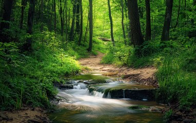 Obraz premium Small Spring Streams Flowing Through A Forest Path