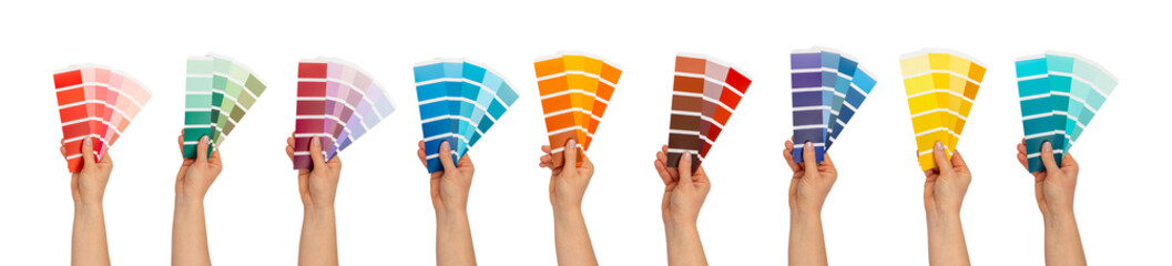 Color palette isolated on white background. Color palette guide. paper catalog of rainbow color. creative.Palette, samples of trending colors. Color swatches. Decor and interior designer.