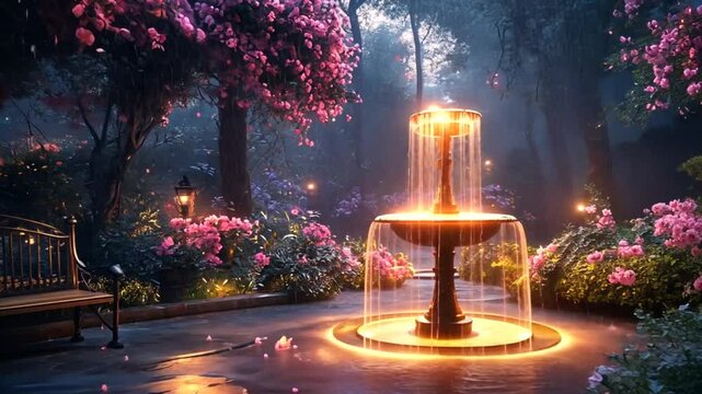 Serene garden vista with glowing fountain pink blossoms bench and softly illuminated greenery evoking tranquility and magical atmosphere