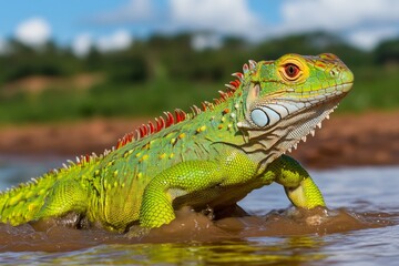 Naklejka premium A basilisk lizard running across the surface of a river, its feet barely touching the water