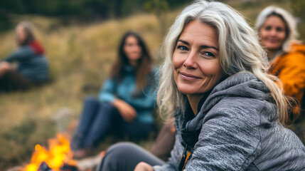 Naklejka premium Smiling middle-aged woman enjoying an outdoor campfire with friends. A cozy autumn gathering in nature, embracing adventure, friendship, and relaxation in a scenic setting