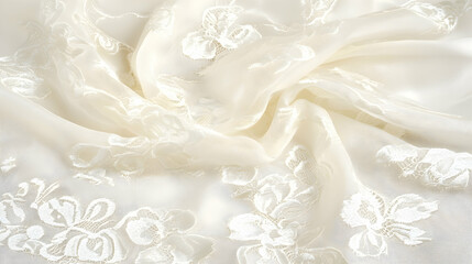 White floral fabric texture, soft folds, detailed close-up, elegant background, design resource