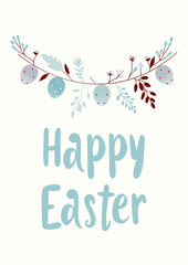 Happy Easter Background, Floral Greeting Card with Eggs, Vector illustration, Hand Drawn Style, Pastel Colors