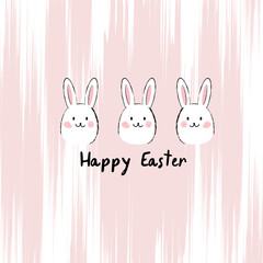 Happy Easter Background, Greeting Card with Bunnies, Vector illustration, Hand Drawn Style, Pastel Pink Colors