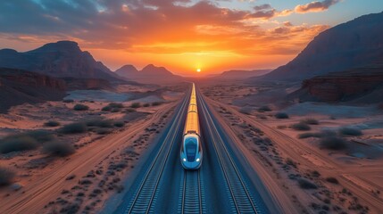 Futuristic high-speed train racing through a vast desert landscape towards a vibrant sunset, blending modern technology with the beauty of nature