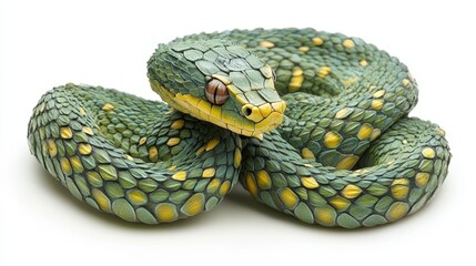 Fototapeta premium A vibrant green snake glides with yellow and green scaled patterns, its gaze directed leftward against a contrasting backdrop, capturing an intimate moment of nature's artistry