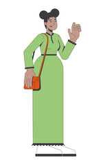 Modest black woman in long green dress with handbag waving hand 2D cartoon character. Female fashion. African american elegant lady flat vector person isolated on white. Spot illustration colorful