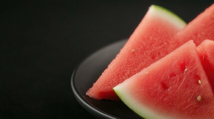 close-up of watermelon slices with seeds on a black plate,  and minimalistic composition,